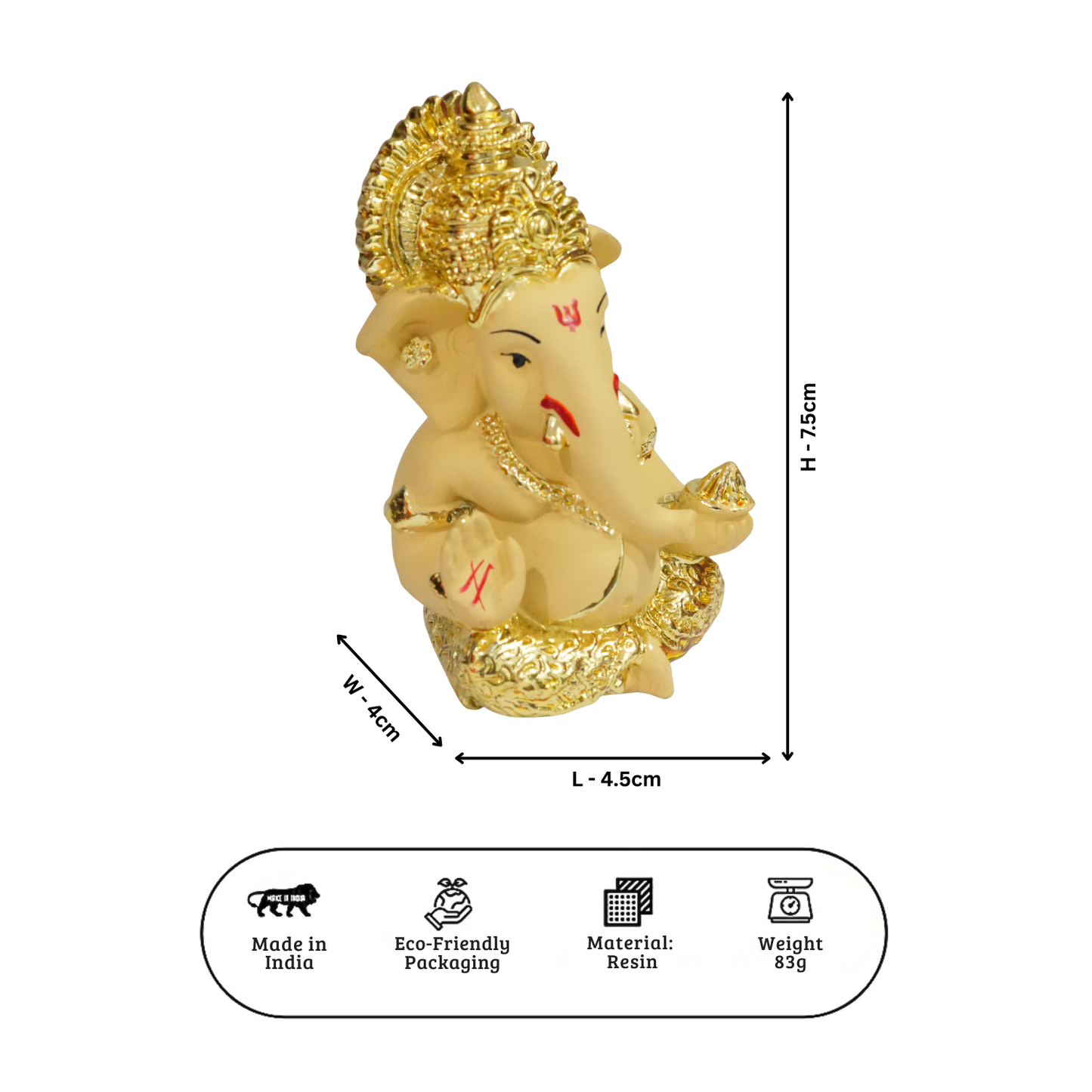 Ganesh statue with dimensions and product details on a white background