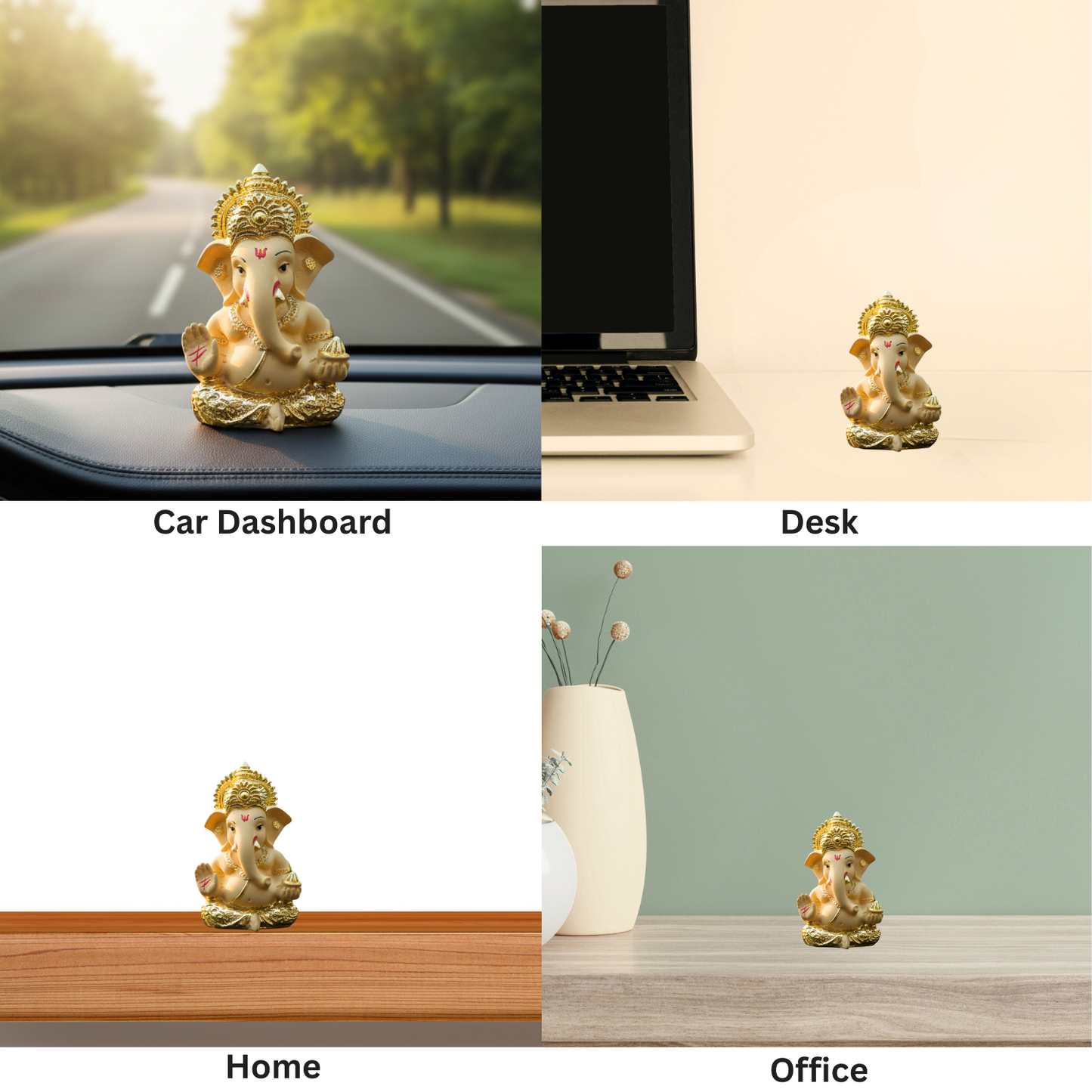 Decorative statue of a神灵 on car dashboard, desk, home, and office settings.