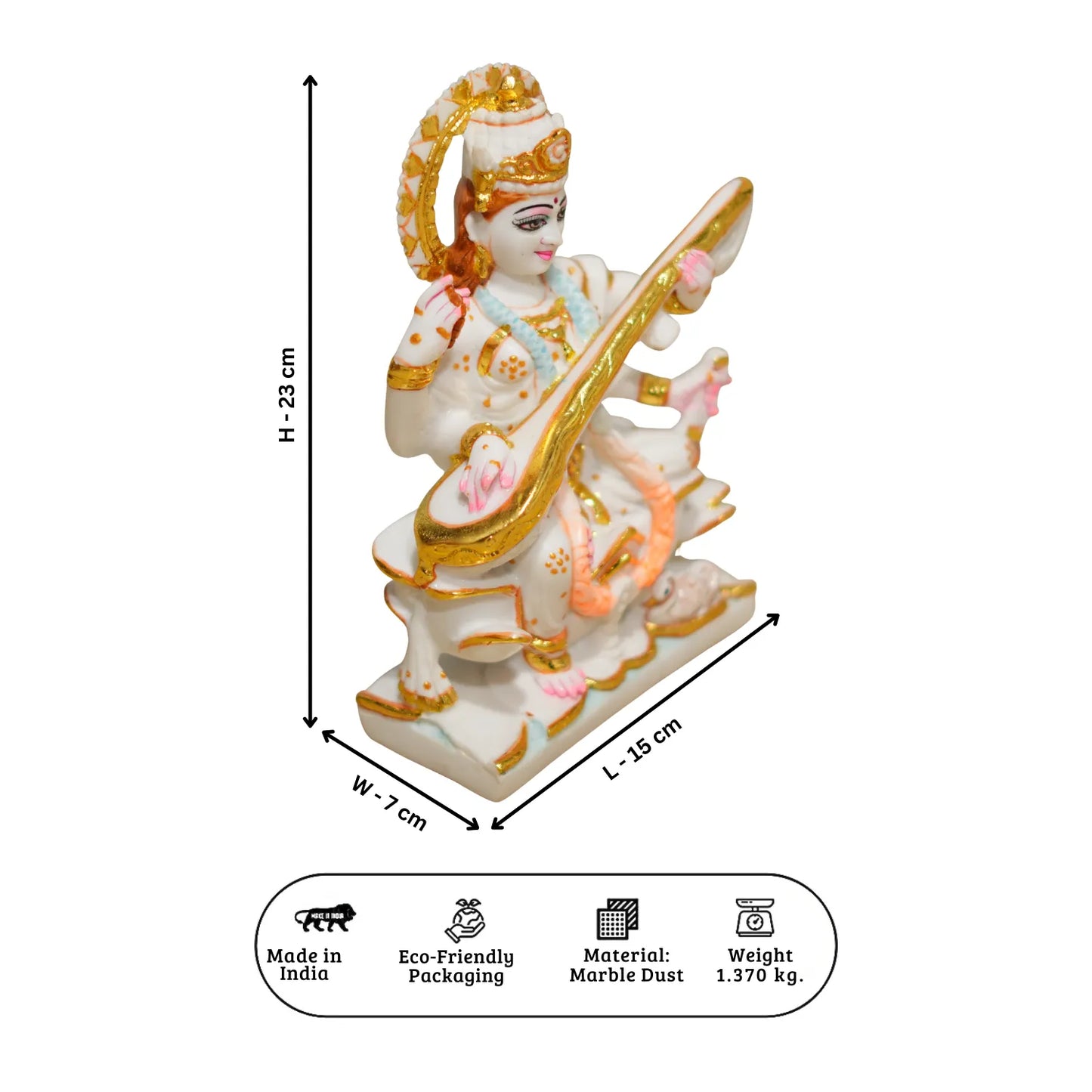 Decorative statue with dimensions and product details on a white background