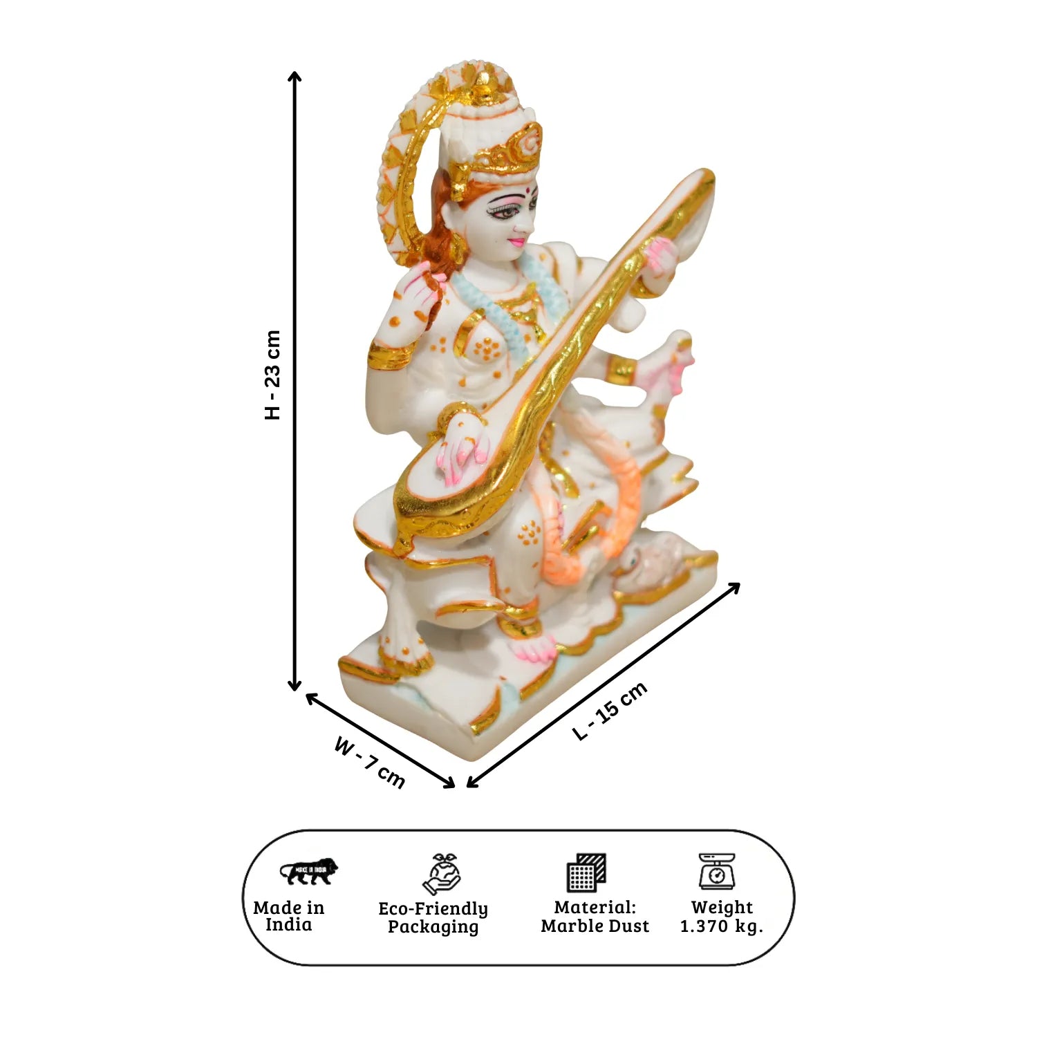 Decorative statue with dimensions and product details on a white background