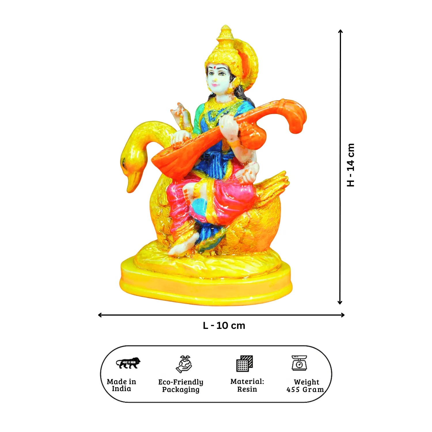 Colorful figurine of a deity on a swan with dimensions and product details on a white background