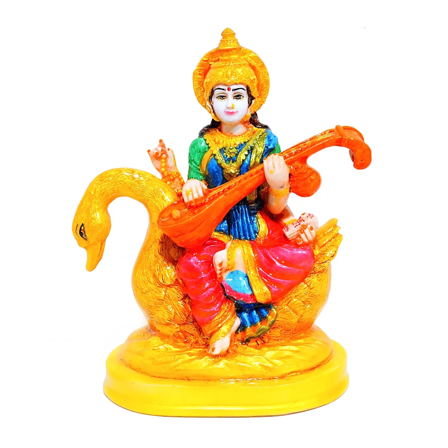 Colorful figurine of a person playing a instrument on a swan with a white background