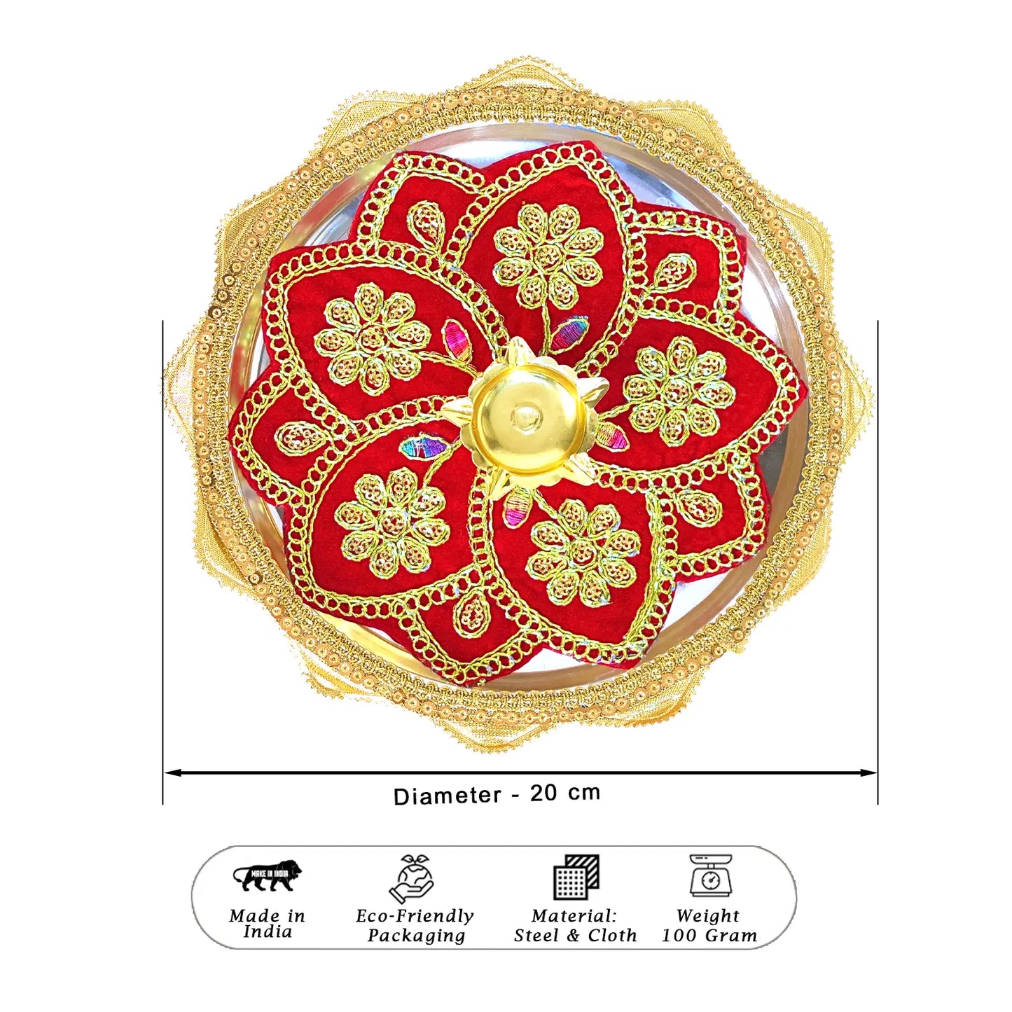 Decorative red and gold item with measurements and product details on a white background