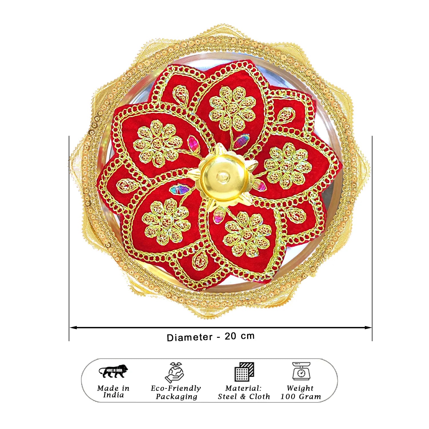 Decorative red and gold item with measurements and product details on a white background