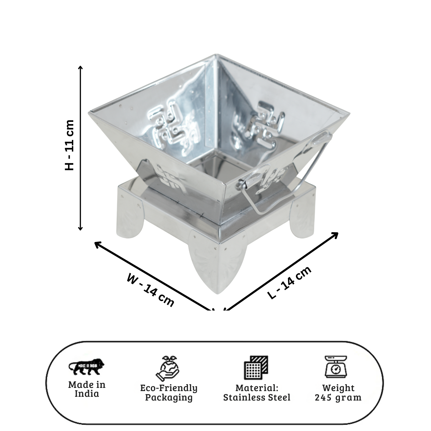 Stainless steel product with dimensions and features on a white background