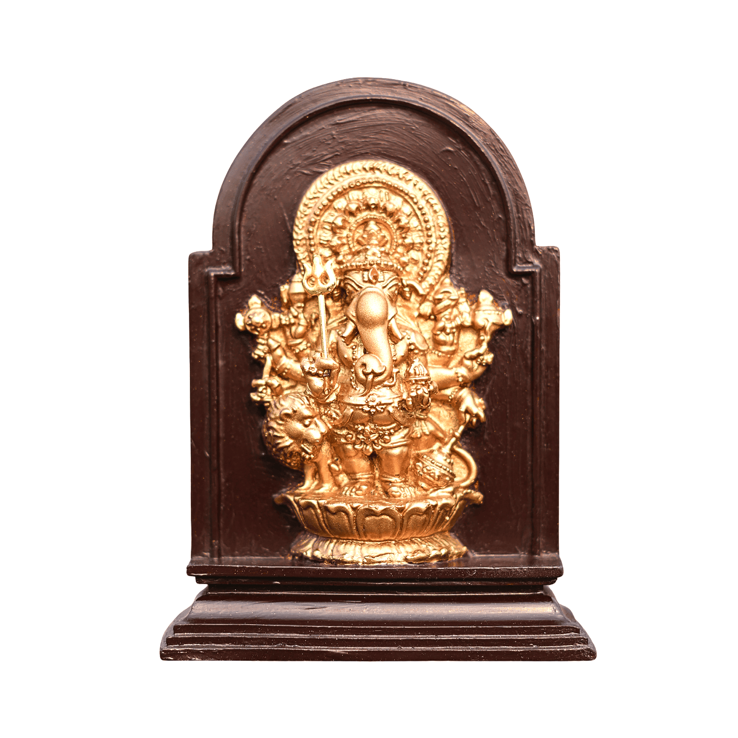 Gold statue of a deity on a wooden pedestal against a white background