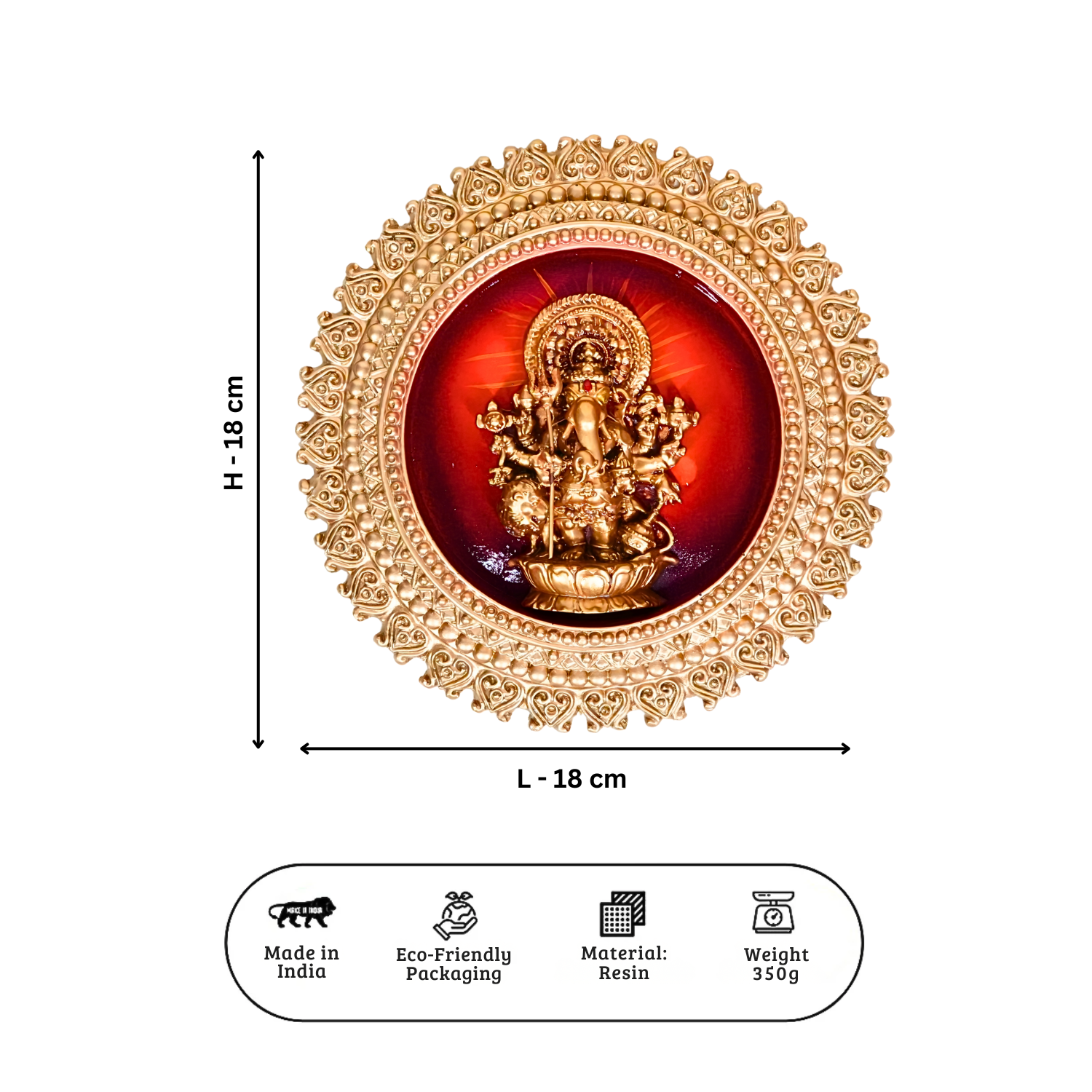 Decorative item with a gold and red design, featuring measurements and product details on a white background.