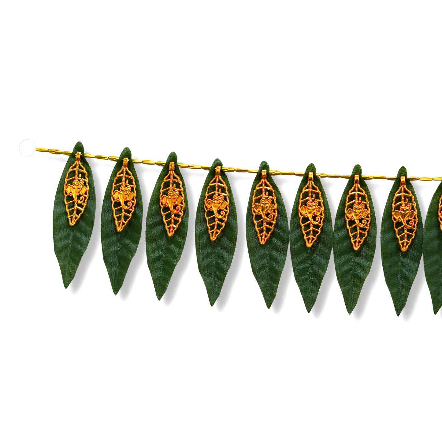 Decorative garland made of green leaves with orange patterns on a white background