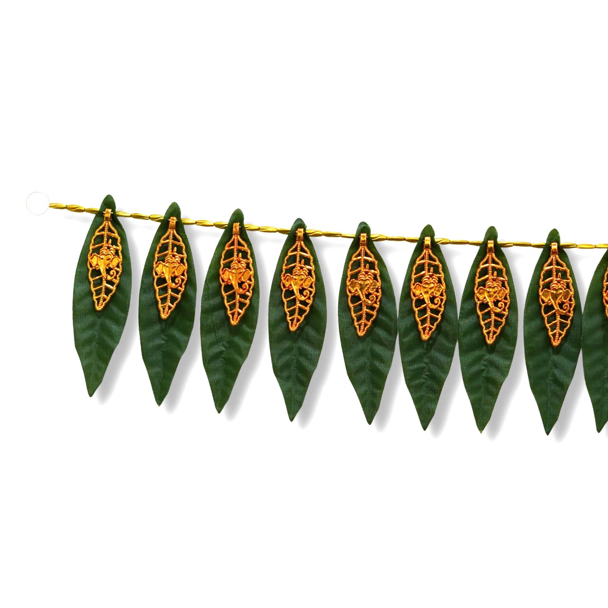 Decorative garland made of green leaves with orange patterns on a white background