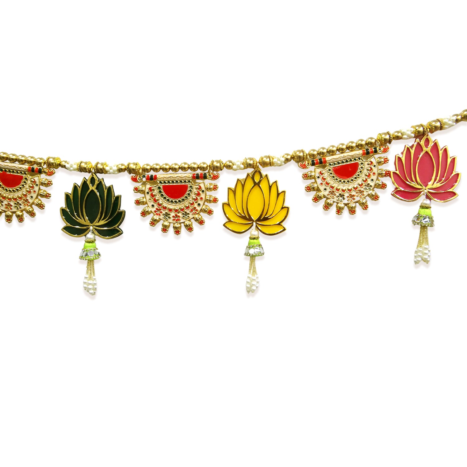 Decorative necklace with lotus flowers and multicolored pendants on a white background