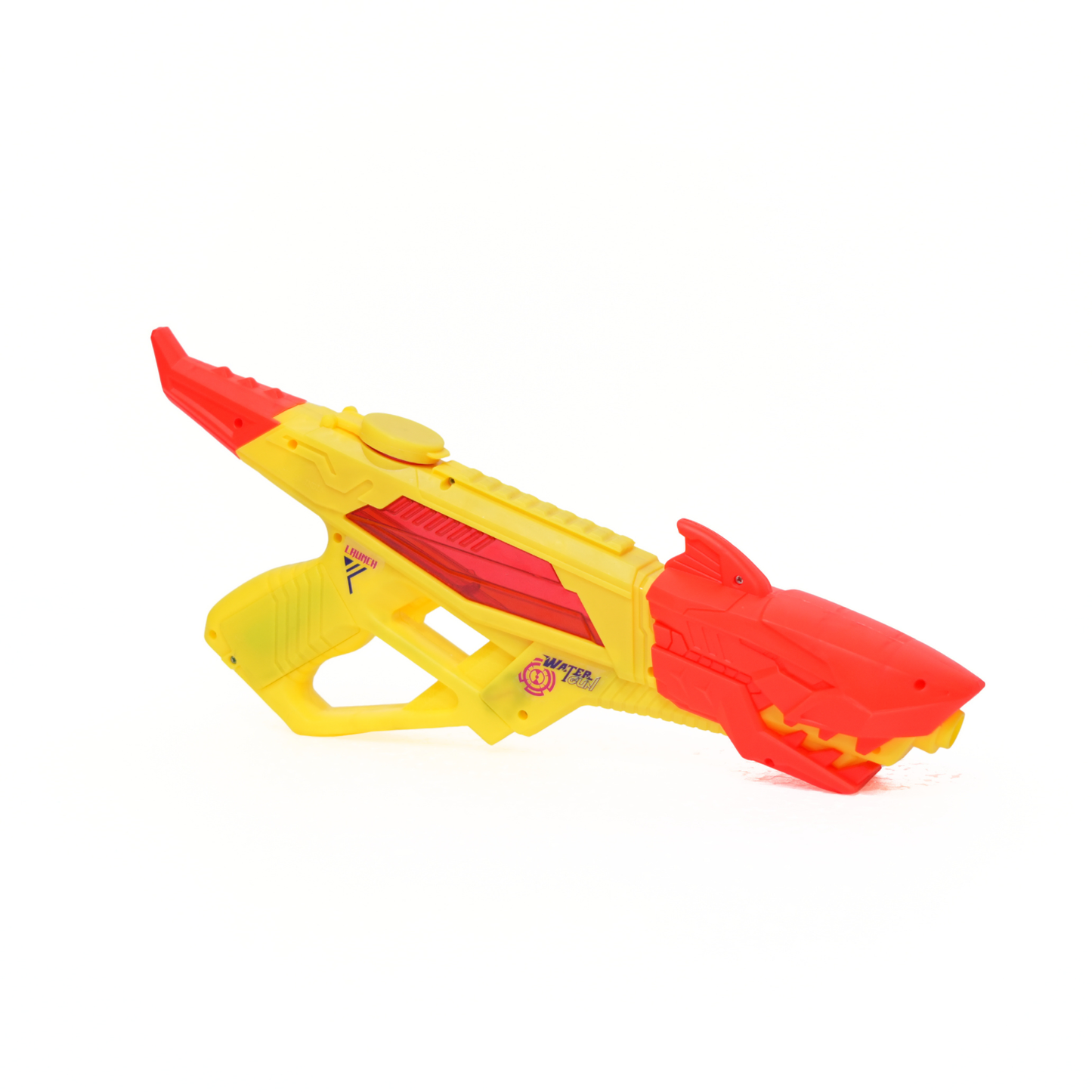 Yellow and red toy blaster on a white background