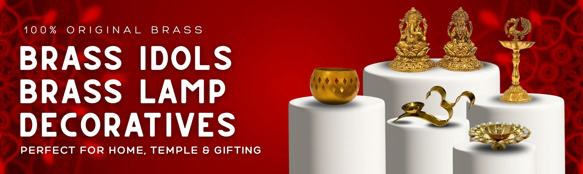 Brass idols and lamp decoratives on white stands with a red background