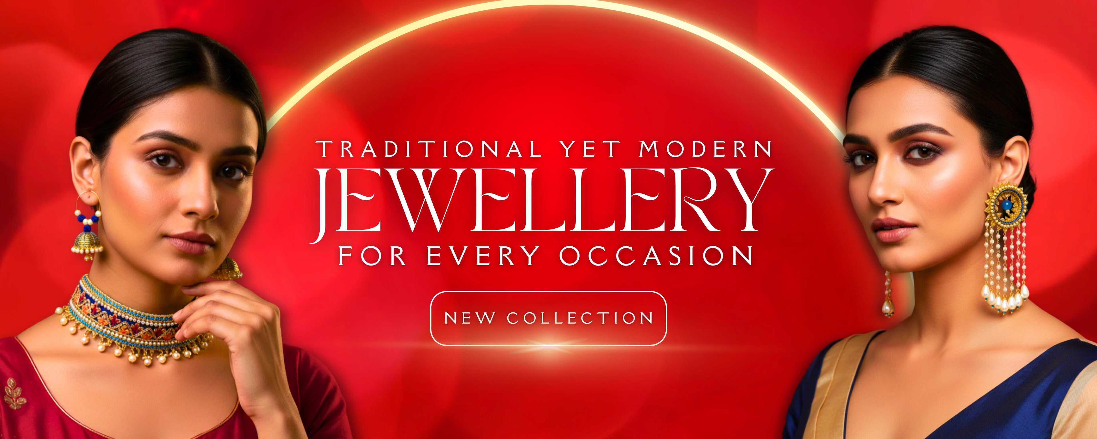 Advertisement for traditional yet modern jewellery with two women wearing jewelry against a red background.