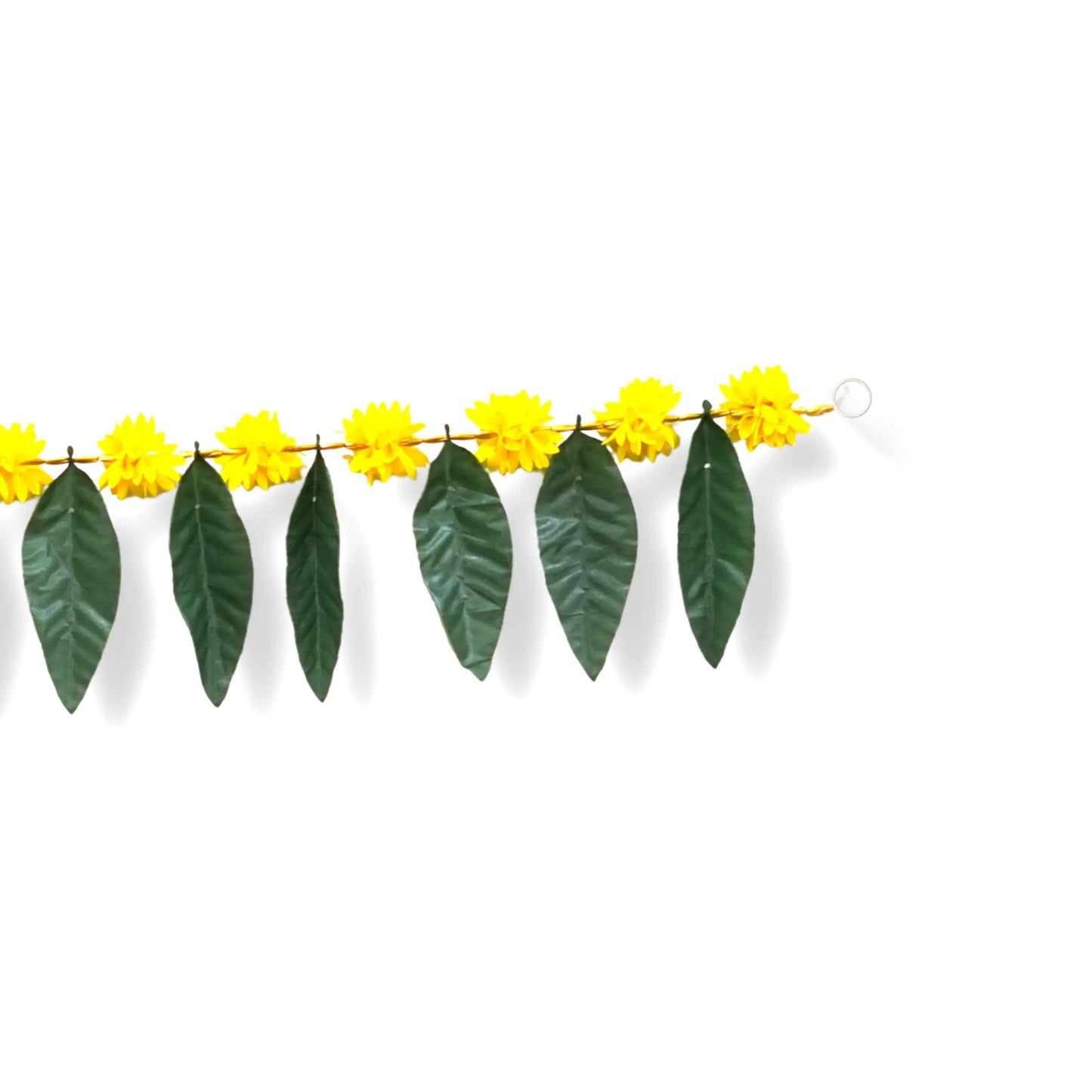 Decorative garland with yellow flowers and green leaves on a white background